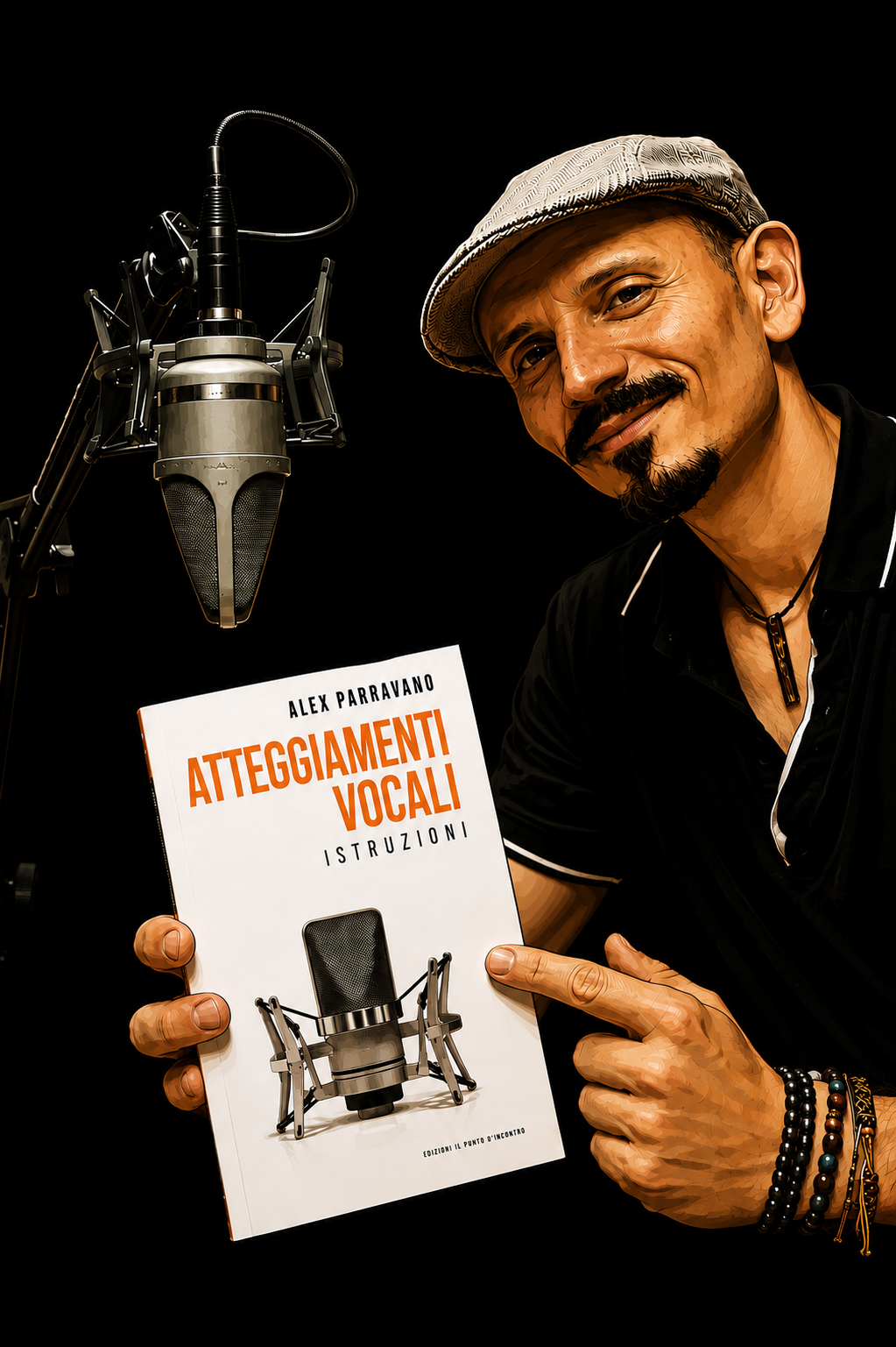Alex Parravano con il libro Atteggiamenti Vocali accanto a un microfono da studio